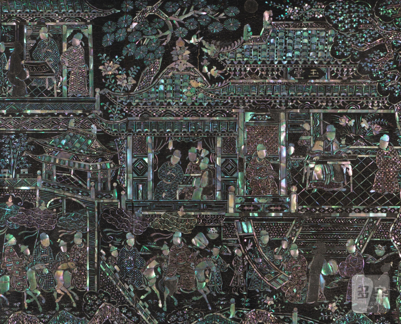 十七/十八世紀 黑漆嵌螺鈿玉堂人物圖屏 | A MOTHER-OF-PEARL-INLAID BLACK LACQUERED 'PAVILION' PANEL - 图6